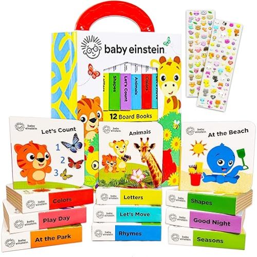 PIP Baby Einstein Board Books Set Toddlers Babies Bundle ~ Baby Einstein My First Library 12 Book Set Baby Einstein Board Book Block with Stickers (Baby Einstein Books for Infants)