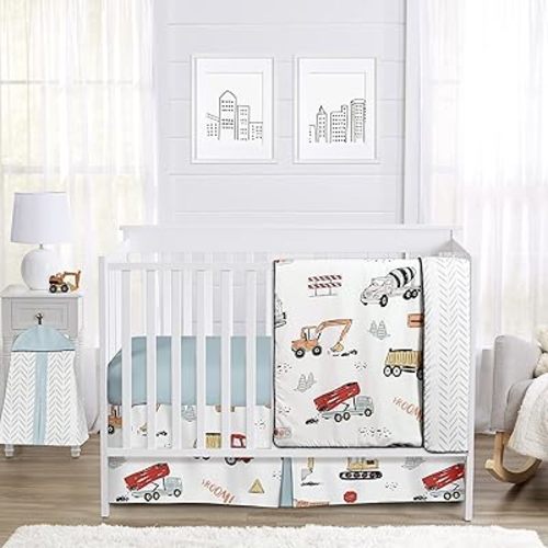 Sweet Jojo Designs Construction Truck Baby Boy Nursery Crib Bedding Set - 4 pieces - Grey Yellow Orange Red and Blue Transportation Chevron Arrow