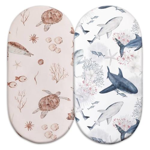Gllquen Baby Bassinet Sheets 2 Pack, Breathable Cozy Fitted Mattress Sheet, Elastic Travel Crib Fashionable Floral Pattern, Standard Cradle Safe Sheets for Baby Boy Girls 32"X16" (Sea Turtle)