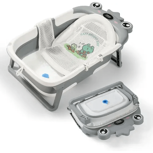 Baby Bathtub,Collapsible Baby Bath Tub with Soft Cushion & Thermometer, Space Saving Foldable & Travel Newborn Bathtub for Infant to Toddler 0-36 Months, Frog Gray