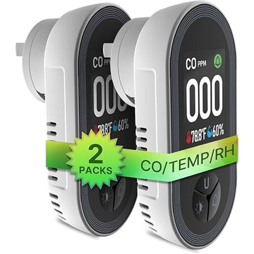 [2Pack] 2025 New Upgraded MOES Carbon Monoxide Detectors Plug in, 3 in 1 Carbon Monoxide Detector with Temperature Humidity Sensor Built-in, CO Monitor Alarm Sound Warning for Kitchen/Garage/Fireplace