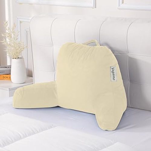 Reading Pillow with Adjustable Memory Foam, Large Adult Backrest with Arms, Back Support for Sitting up in Bed with Washable Cover (Cream)