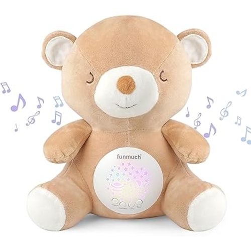 Teddy Bear Baby Soother - Sleep Soothing White Noise, Portable Night Light Projector and Melodies, Toddler Crib Lullaby Machine Sleeping Aid for Newborns and Up, Babies Stuffed Animal Plush Toy