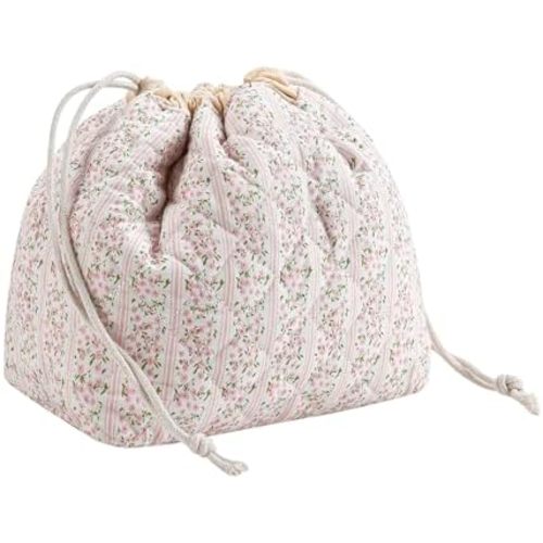 Cotton Quilted Drawstring Makeup Bag with Canvas Lining,Coquette Aesthetic Cute Travel Toiletry Bag,Drawstring Gift Bag for Women and Girls（17Small Pink）