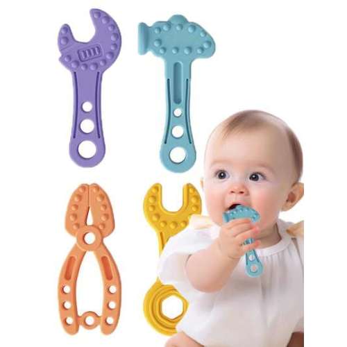 4pcs/Set Silicone Teething Toys For Babies, Cartoon Shaped Teether Stick, Hammer Wrench Plier Tool Set, Chewable & Boilable Infant Toy, Newborn Gift (Assorted Colors)