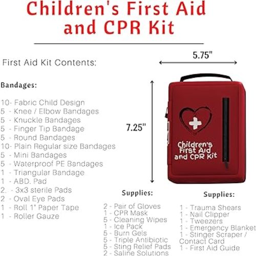 Portable First Aid Kit for Kids with CPR Shield - Ideal for Home, Car, School, Camping, and as a Travel First aid kit. Latex-Free Bandages – Children First Aid Guide by The Life Safety Pro