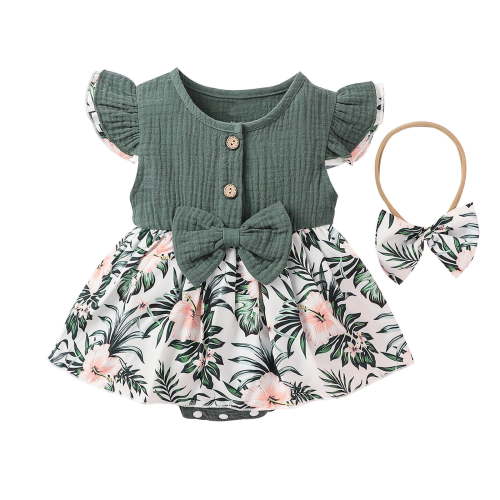 Ketyyh-chn99 Toddler Girls' Bodysuits with Short Sleeves Baby Girl Bodysuits for Casual Wear Summer Cotton Linen Girls Bodysuit Bow Floral Romper Dress for 9-12 Months,Green