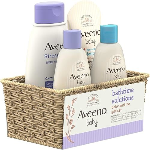 Aveeno Baby Bathtime Solutions Baby & Me Gift Set with Baby Wash & Shampoo, Calming Baby Bath, Baby Daily Moisturizing Lotion & Stress Relief Body Wash for Mom, Oatmeal, 4 Items