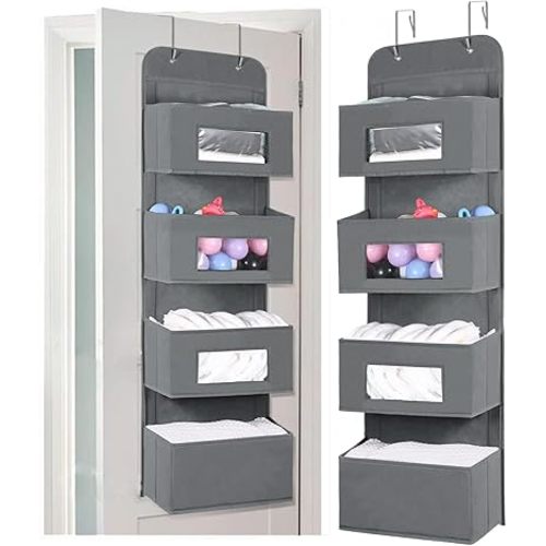MAX Houser 4-Shelf Over The Door Hanging Organizer with 2 Metal Hooks,4 Pocket Over The Door Wall Mount Storage with Clear Windows for Baby Nursery Bathroom Closet,Bedroom,Dorm,Diapers,Kids Toys(Gray)