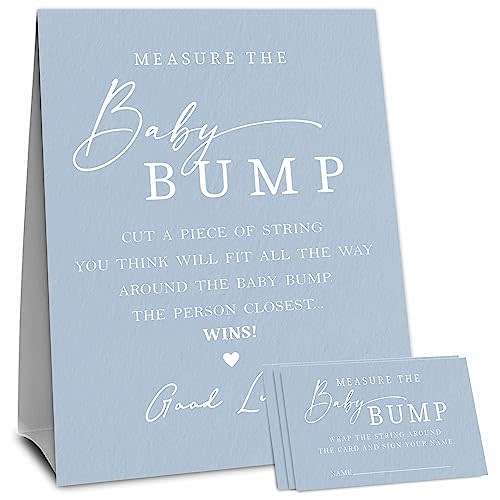 Navy Blue Baby Shower Measure The Baby Bump, Measure Mommy's Belly Game Set - 1 Self-Standing Sign And 50 Tickets - Gender Reveal, Baby Shower, Baby Announcement Activity & Party Favor Supplies - A07
