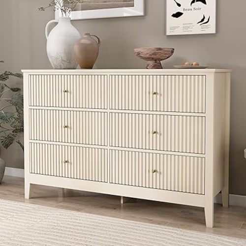Beige Dresser for Bedroom, 6 Drawers Fluted Chest of Drawers with Storage, Modern Wide Storage Dresser with Paint Design, Wood Drawer Organizer Beige Dressers for Hallway, Entryway