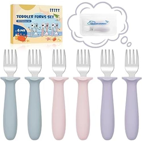 6 PCS Toddler Forks Set - Baby Forks with Silicone Handle Children Food Grade 18/8 Stainless Steel Toddler Utensils Set for Self Feeding Kids Silverware Set Safe Anti-Choke Design Dishwasher Safe