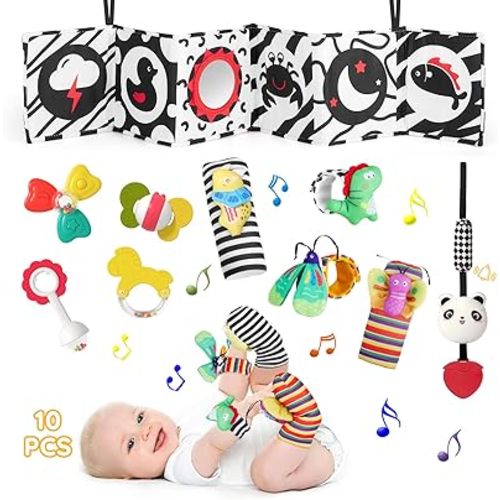 VoMii Baby Rattles 0-3-6 Months+ Teething Rattles Set Wrist Socks, Black and White High Contrast Baby Toys for Newborn, Montessori Toys Sensory Infant Tummy Time Toys, 6-12 Months Baby Boy Girl