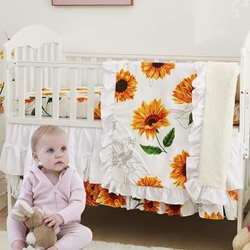 Brandream Girls Floral Nursery Bedding Yellow White Crib Bedding Sunflower Baby Blanket 3 Piece,Farmhouse Fitted Sheet, Ruffle Skirt