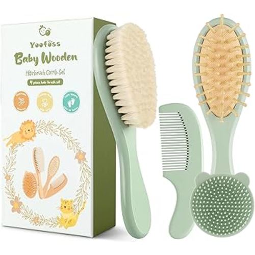 Yoofoss 4 Piece Baby Hair Brush and Comb Set，Wooden Baby Hair Brush with Natural Ultra Soft Goat Hair, Baby Comb Set for Boy, Girl - Green