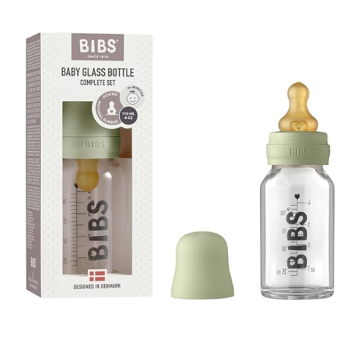 BIBS Baby Glass Bottle Complete Set 110 ml | BPA Free Natural Rubber | Made in Denmark | Sage