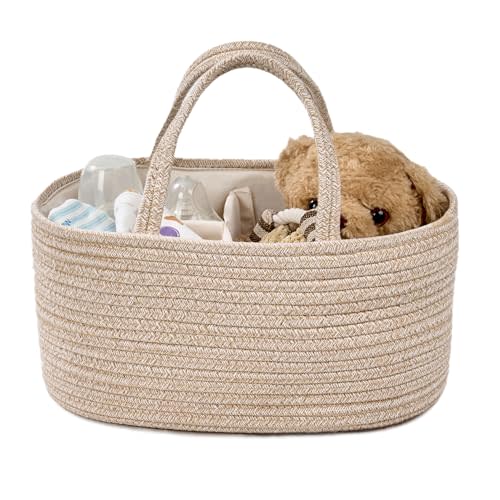 Diaper Caddy Organizer, Gift Basket for Baby Shower, Newborn Essentials | Oatmeal | Small, 14.2 x 8.7 x 7.1 in | Removable Dividers | Sturdy Handles | Portable Baby Boy Girl Woven Basket