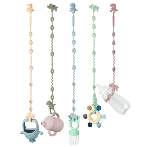 PandaEar Baby Toy Straps - 5 Pack Dinosaur Silicone Pacifier Teether Harness Straps - Adjustable Baby Toy Holder for Bottles, Strollers, High Chairs, Cribs
