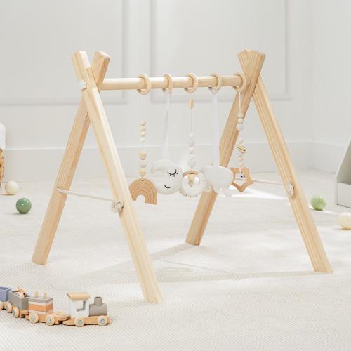 Wooden Baby Play Gym Set, Interactive Activity Center Hanging Bar with Gym Toys, Foldable for Infants By Comfy Cubs