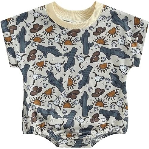 Kayotuas Western Baby Boy Girl Clothes Cow Print Bubble Romper Oversized Short Sleeve Tshirt Bodysuit Infant Summer Outfits