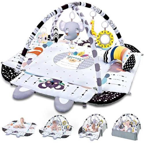 Baby Gym Play Mat, 8-in-1 Tummy Time Mat & Activity Gym, Washable Ball Pit, Infant Play Mat with Detachable Toys for Sensory Exploration and Motor Skill Development, Gifts for Baby - Black White