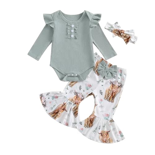 MERSARIPHY Newborn Baby Girl Clothes Ribbed Knit Ruffle Romper Bodysuit Bell-Bottom Pant Set 3Pcs Infant Fall Winter Outfits