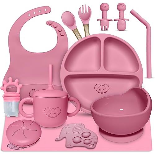 Silicone Baby Feeding Set - Baby Led Weaning Supplies with Sippy Cup, suction plate and bowl, Spoons, Forks, Fruit Pacifier, Bib, and Baby Eating Essentials for 6+ Months - Eight4you