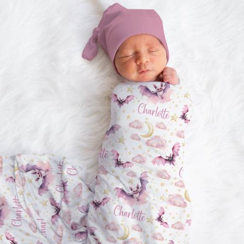 Personalized Bat Swaddle Blanket Moon Name Baby Blanket Newborn Baby Girl Coming Home Outfit Hospital Photo Outfit Baby Shower Gift