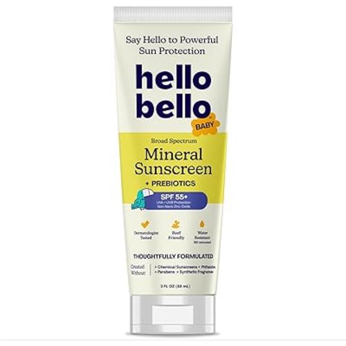 Hello Bello Mineral SPF 55 Sunscreen Lotion with Prebiotics, Water Resistant and Reef Friendly Sun Protection for Babies and Kids, 3 fl oz (Pack of 1)