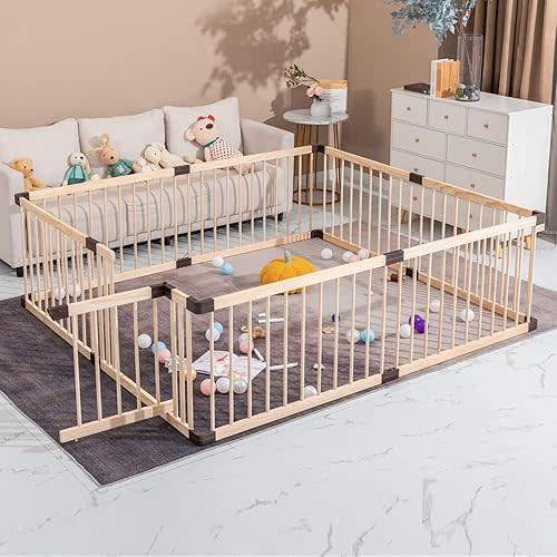 Baby Playpen Fence Yards Wooden,Playpen for Babies and Toddlers, Wooden Baby Playpen Play Pen,Conababy Baby,Baby Activity Center,Baby Playpen with Door (120x160CM)