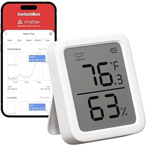 SwitchBot Thermometer Hygrometer, Bluetooth Indoor Humidity Meter for Home, Temperature Sensor with App Control, Large LCD Display, Notification Alerts, 2-Year Data Storage Export