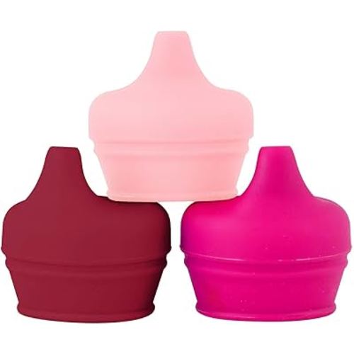 Boon Snug Silicone Sippy Cup Lids - Convert Any Kids Cups or Toddler Cups into Soft Spout Sippy Cups - Toddler Feeding Supplies and Travel Essentials - Pink - 3 Count