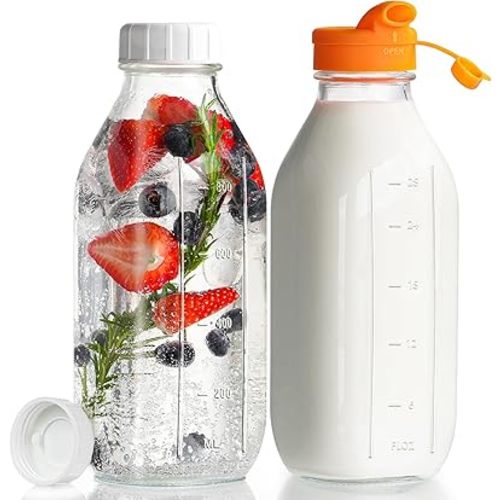 32 oz Reusable Glass Milk Bottles with Silicone Dispenser Cap, 2 Pack Glass Jars with Airtight Screw Lid, Leak Proof Juice Bottles with Scale Mark Breastmilk Storage Container for Fridge