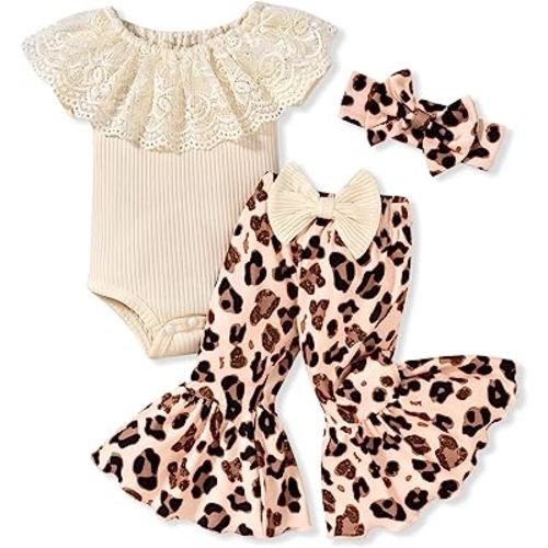HINTINA Newborn Baby Girl Short Sleeve Bodysuit Flared Pants Ribbed Outfits