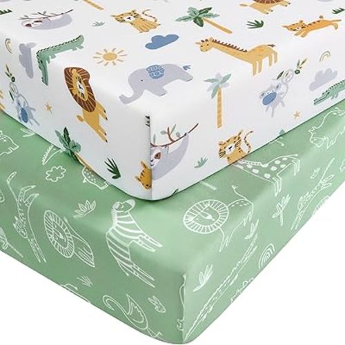 Pack and Play Sheets for Boys Girls, 38" x 26" Mini Crib Sheets Fitted for Pack n Play Mattress, Soft Breathable Playard Sheets, 2-Pack Green Animals