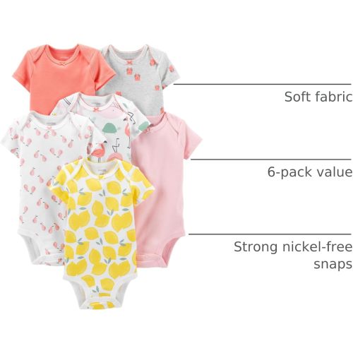 Simple Joys by Carter's Baby Girls' Short-Sleeve Bodysuit, Pack of 6, Multicolor/Birds/Fruit/Lemon/Turtle, Newborn