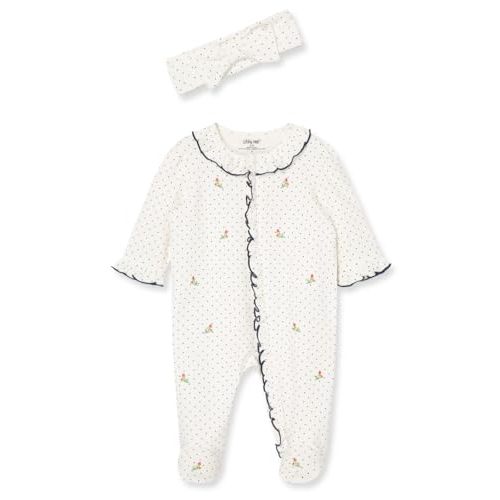 Little Me Baby Girls 100% Cotton 2-piece Zipper Closure Footie and Headband Set