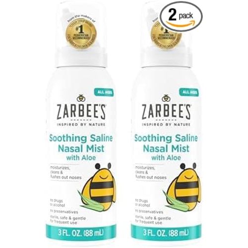 Zarbee's Baby Nasal Saline Spray, Soothing Sterile Mist with Aloe, Newborns & Up, Cleansing Nose Relief, 3Fl Oz (Pack of 2)