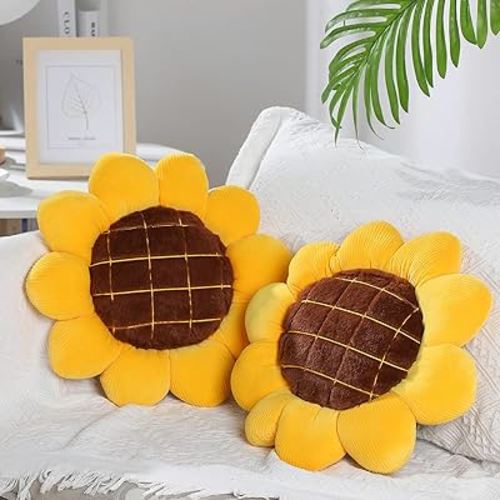 2 Pieces 3D Sunflower Flower Floor Pillow Seating Cushion Mat Sunflower Throw Pillow Yellow Sunflower Shaped Chair Pads Decorative Plush for Bed Car Couch Chair Sofa Office Girls Gifts (15 Inch)