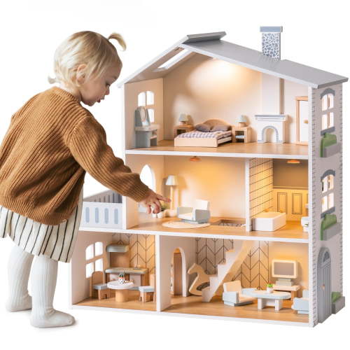 Robud Wooden Dollhouse, 6 Rooms, 29 Realistic Accessories, 4-6" Dolls, Nordic Style, Kids & Toddlers Gift, Ages 3+