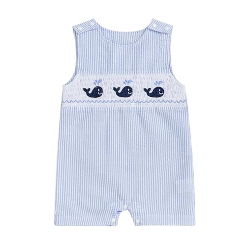 Arvbitana Newborn Baby Boys Sleeveless Seersucker Romper One Piece Straps Overalls Striped Jumpsuit Summer Smocked Clothes