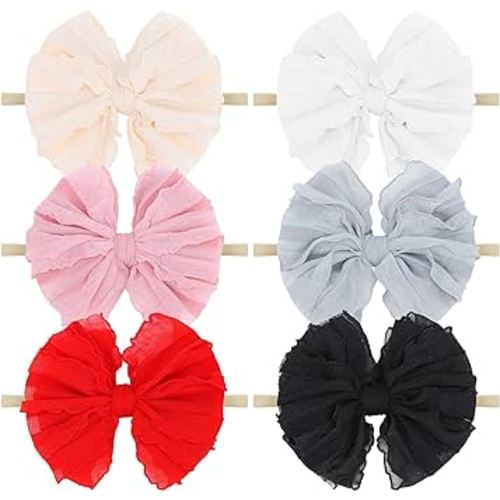 YanJie Baby Girl Bows Nylon Lace Baby Headbands Handmade Soft Elastics Newborn Bows Ruffled Big Bow Hair Accessories for Infant Baby Toddlers Girls Black White Beige Red Pink Blue