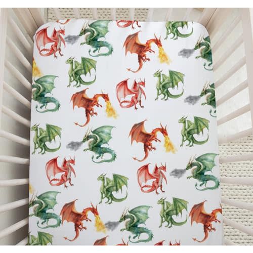 Cute Dragon Fairytale Baby Crib Sheets Boys Girls Watercolor Dragons Fitted Crib Sheet for Standard Crib Mattress Sheets Covers Super Soft Nursery Toddler Bed Sheet Stretchy Sheet Set Decor 28''×52''