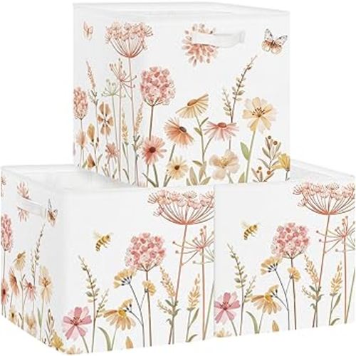 Clastyle 3 Pcs Boho Flower Kid Storage Cube Organizer Set Plants Closet Clothes Cube Storage Bin Beige Nursery Toddler Toy Box Chest Butterfly Book Shelf Basket