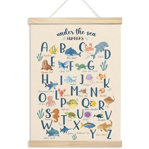 Xmsaitar Classroom Sea Animals Alphabet Poster Hanger Frame Wall Decor, Nursery Ocean Kids Prints for Wall Hanging Decor Art, Cute Coastal Pictures Banner for Toddler Room Playroom Beachy Room 12x16in