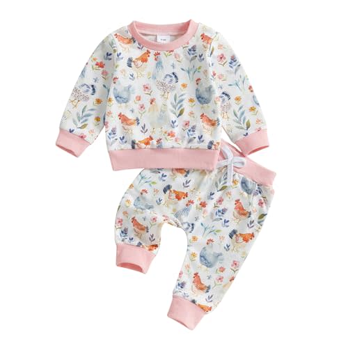 CREAIRY 2Pcs Newborn Baby Girl Outfits Chicken Farm Animal Long Sleeve T-Shirt Sweatshirt Tops Pants Set Toddler Fall Clothes