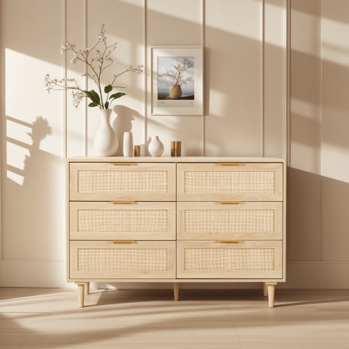 LAZZO 6 Drawer Dresser Rattan Wood Dresser Chest of Drawers Large Storage Cabinet
