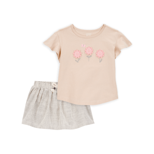 Baby 2-Piece Floral Short-Sleeve Top & Striped Skort Set - Tan/Black | Carter's