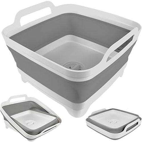 Collapsible Wash Basin for Baby Bottles with Drain Plug, 2.4 Gallons Space-Saving Camping Sink for RV, Collapsible Dish Tub (Gray)