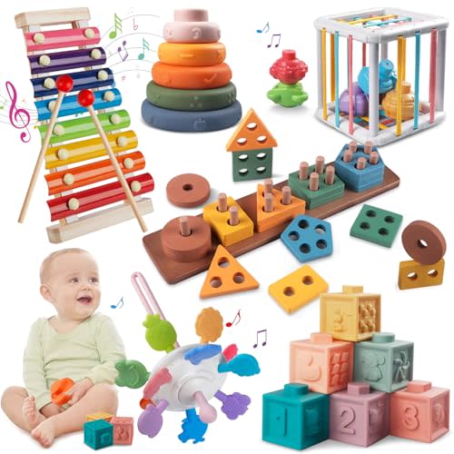 Montessori Baby Toy for 1+ Year Old Sorting Stacking Learning Toys 6 to 12 Months Wooden Building Blocks, Xylophone Musical, Infant Teethers Toys for Baby, 6 in 1 Toy Birthday Gifts for Toddlers 1 2 3